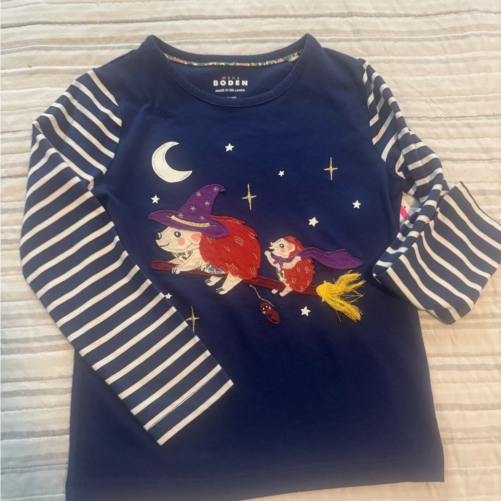 Boden Navy Kids Shirt with Striped Sleeves